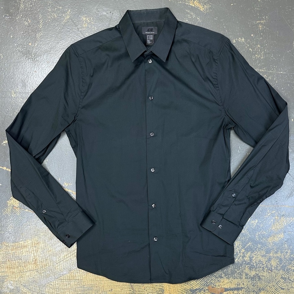H&M Premium Cotton Button Down Shirt Medium Dark Grey Dress Date Night